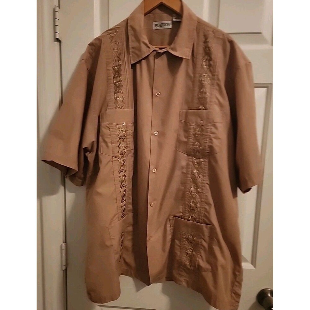 Platoon Mens XXL Button Up Tan Shirts Short Sleeve Light Embroidered